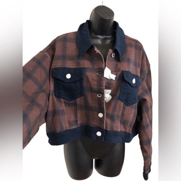 WeWoreWhat modern plaid stretch twill colorblock denim jacket size medium new - Picture 10 of 17